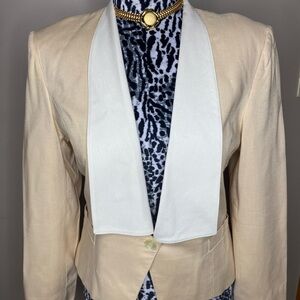 Cream and White Cropped Blazer with Structured Shoulders